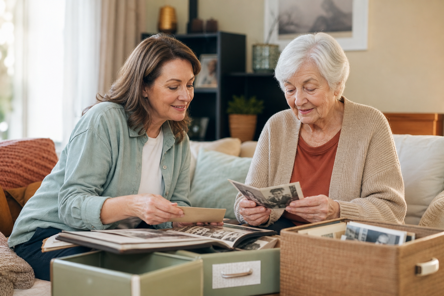 A transition specialist and older woman thoughtfully sorting cherished photographs